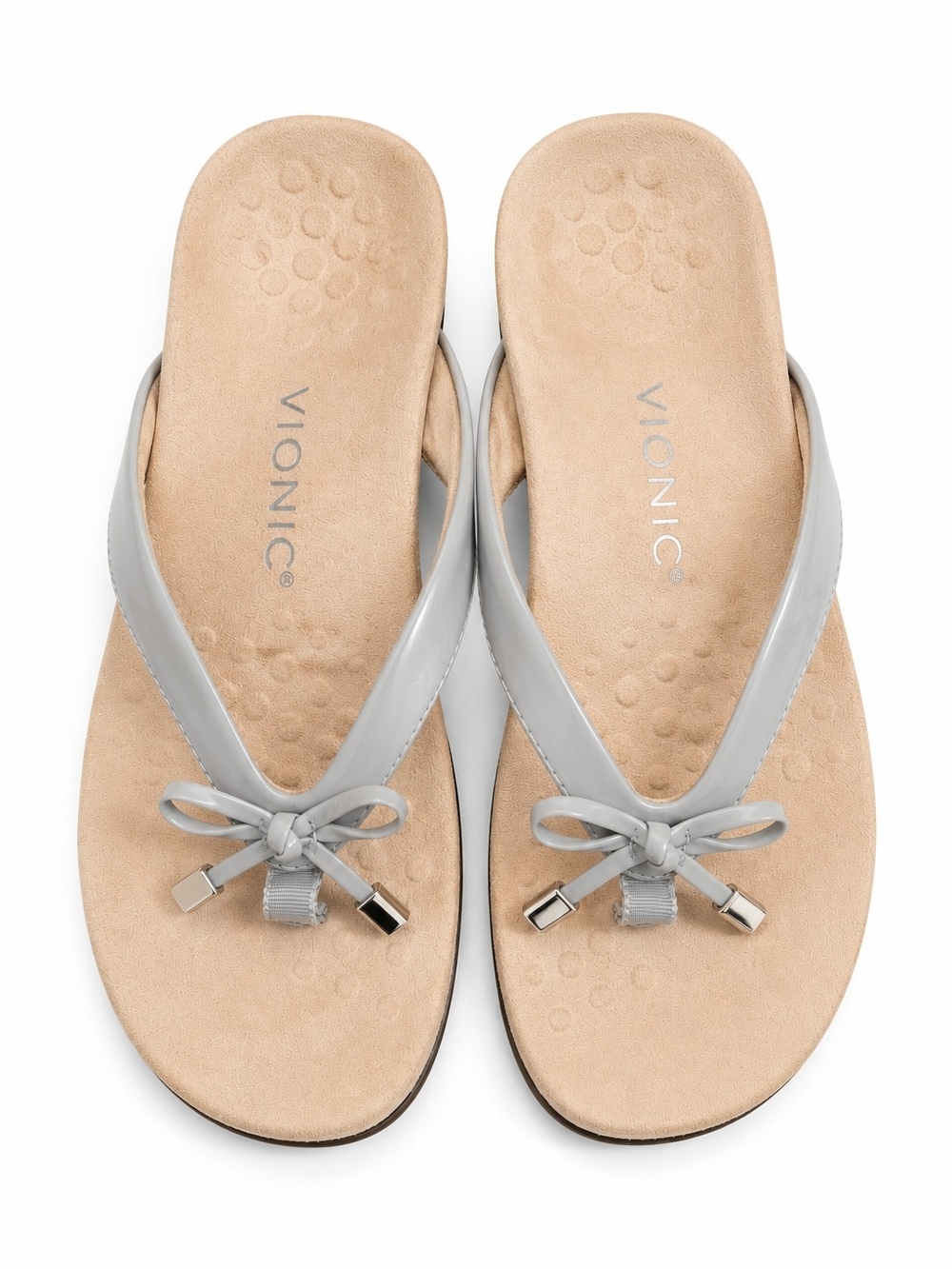 Vionic Bella Gray Patent Bow Thong Flip Flop Sandals Orthotic Size 7